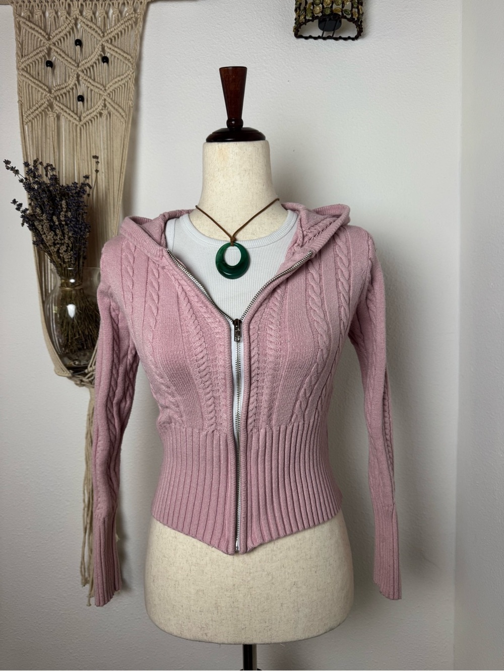 Vintage Pink Cable-Knit Zip Hoodie Cardigan